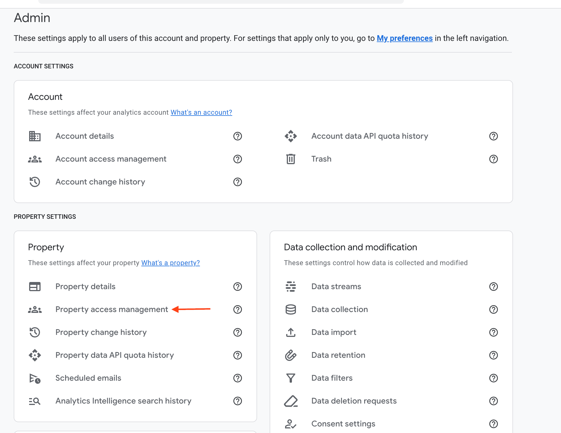 GA4 Admin page showing Property access management highlighted with an arrow